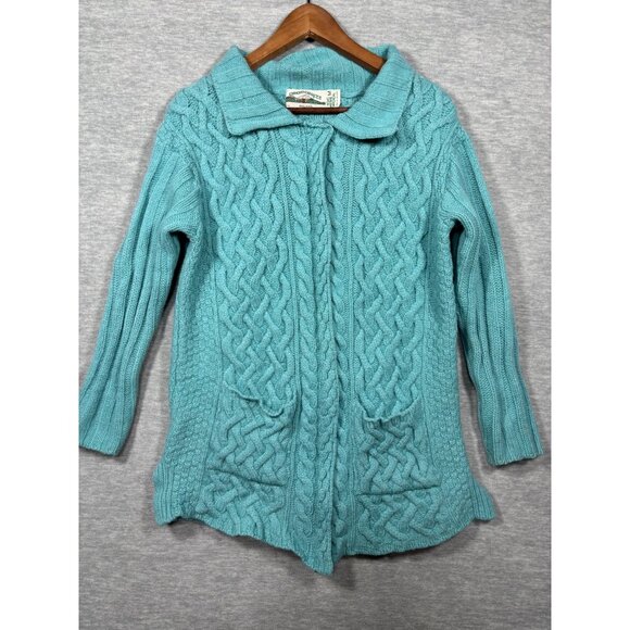 Aran Crafts Womens Sweater M Teal Cable Knit 100% Merino Wool Cardigan - Picture 1 of 5